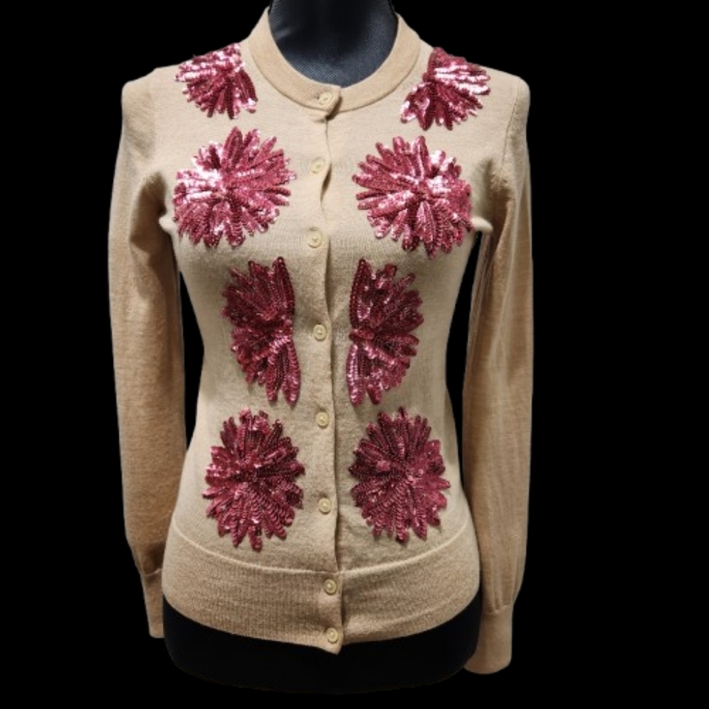 J CREW Fine Knit Merino Wool Jackie Sweater Cardigan with Rose Sequins (S) - Picture 2 of 12